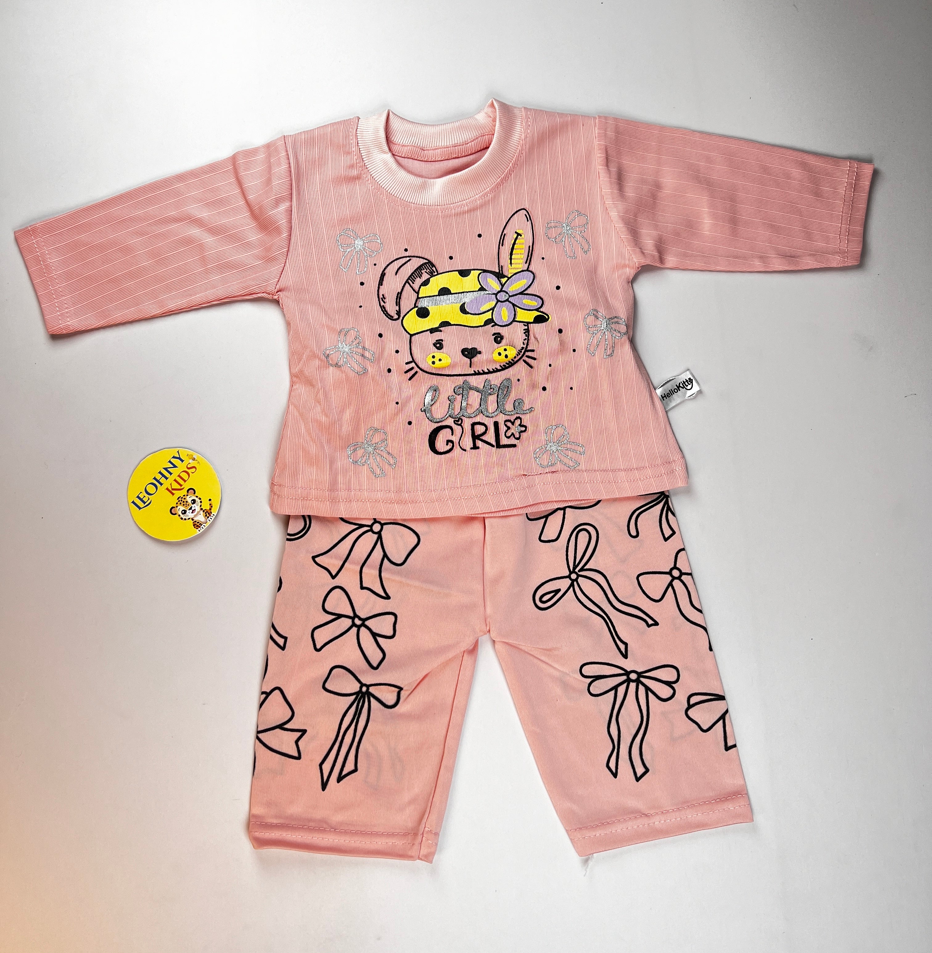 "Little Girl" 2-Piece Ribbed Bunny Pajama Set – Blush Pink