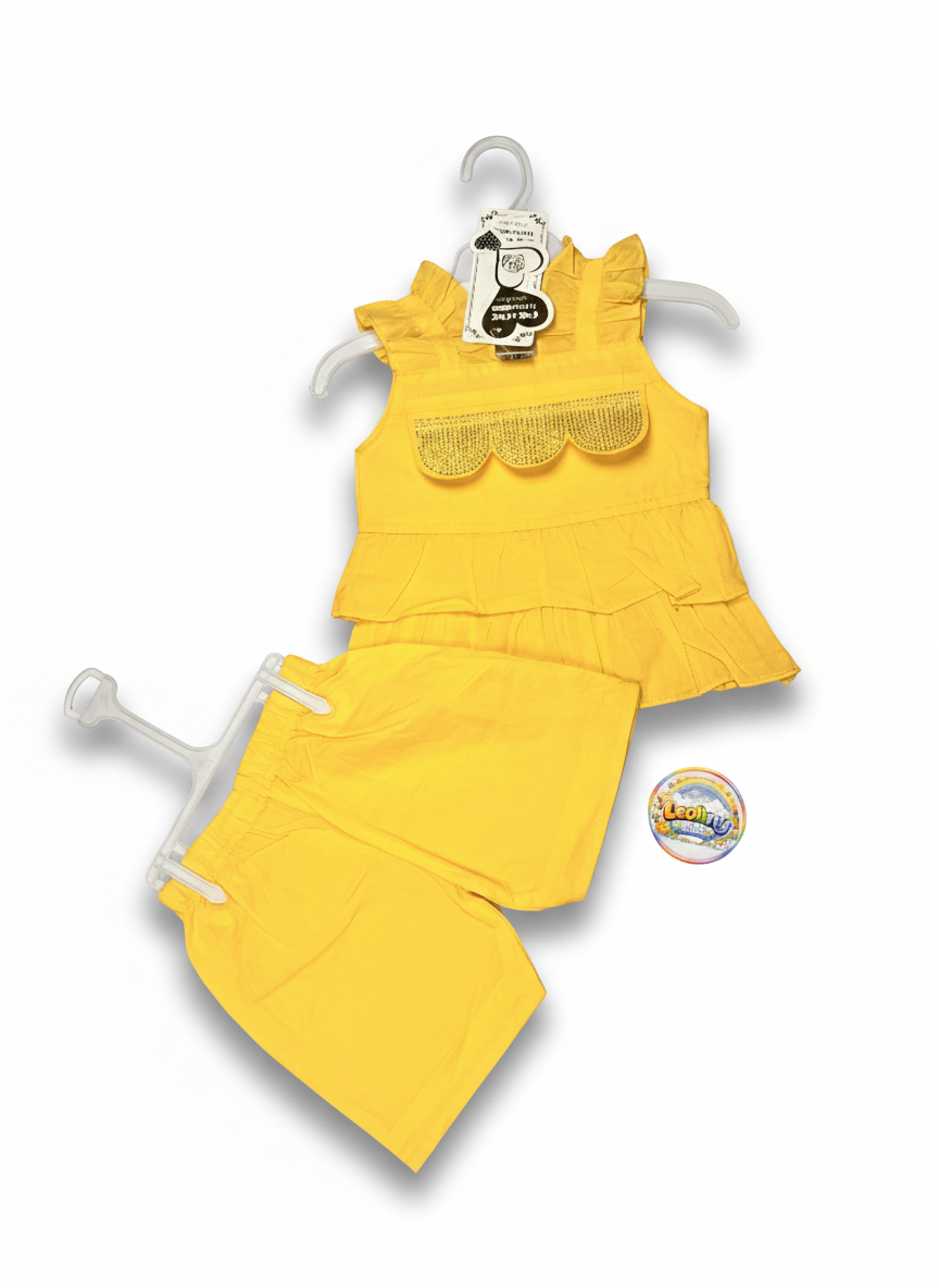 Baby Girls Yellow Ruffle Top & Shorts Set – Summer 2 Piece Outfit