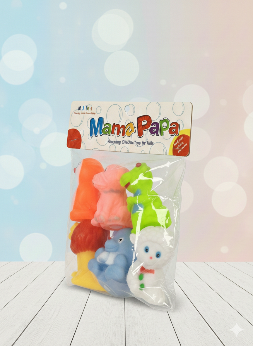 Mama Papa Soft Rubber Bath Toy Set for Kids – 6 Piece Animal & Character Squeeze Toys Pack