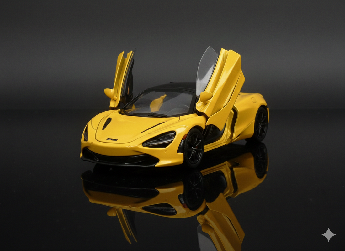 McLaren 720S Yellow Die-Cast Model Car – Sound & Light Pull Back Toy (1:24 Scale)
