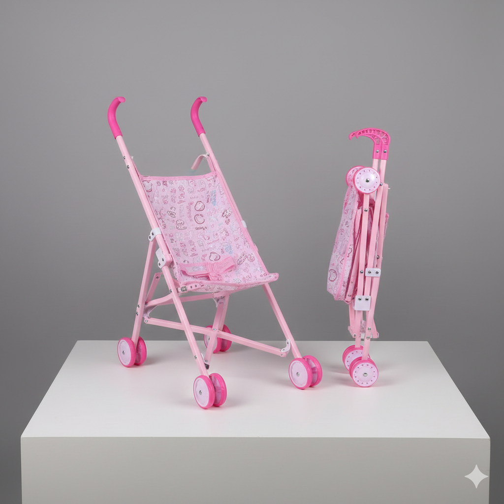 Mini Doll Stroller for Girls – Pink Foldable Toy Pram with 4 Wheels