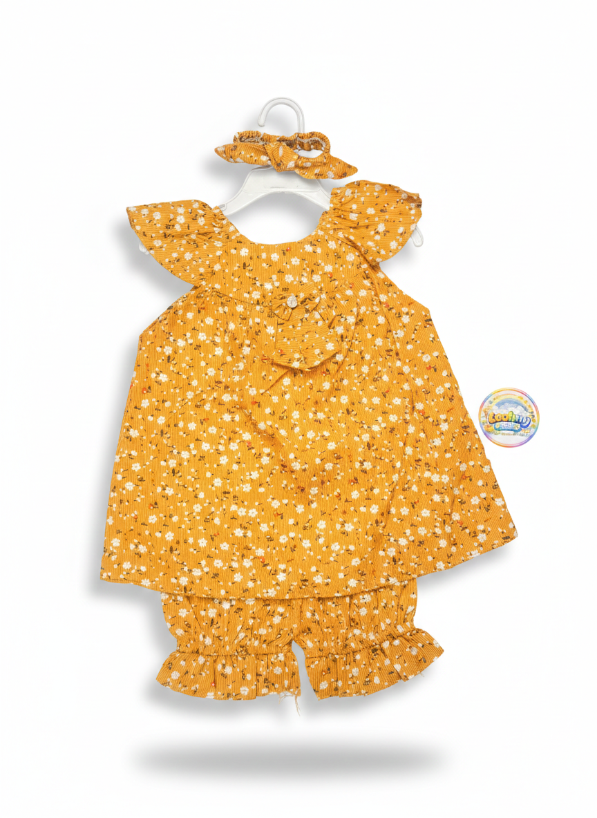 Baby Girls Floral 3 Piece Outfit Set – Top, Shorts & Matching Headband