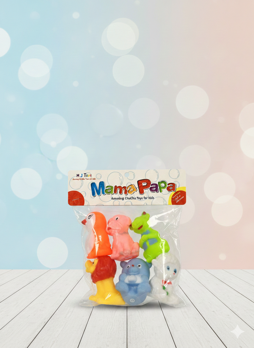 Mama Papa Soft Rubber Bath Toy Set for Kids – 6 Piece Animal & Character Squeeze Toys Pack