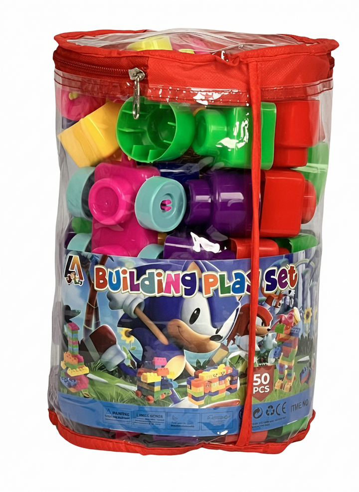 Kids Colorful Building Blocks Play Set – 50 PCS Large Plastic Construction Bricks with Storage Bag