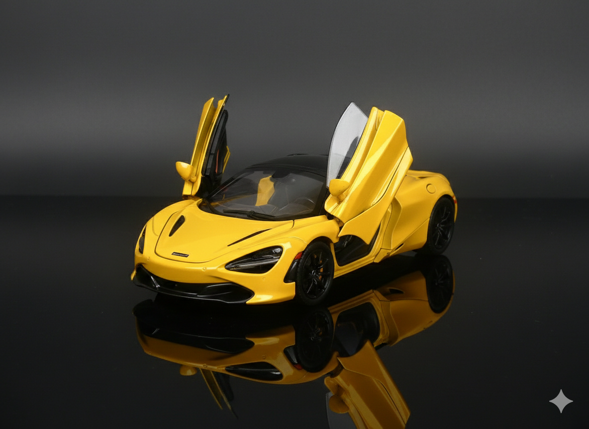 McLaren 720S Yellow Die-Cast Model Car – Sound & Light Pull Back Toy (1:24 Scale)
