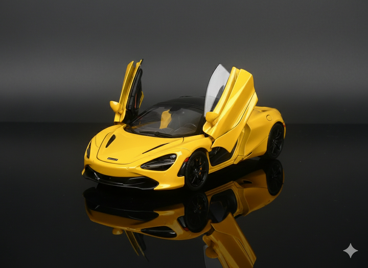 McLaren 720S Yellow Die-Cast Model Car – Sound & Light Pull Back Toy (1:24 Scale)
