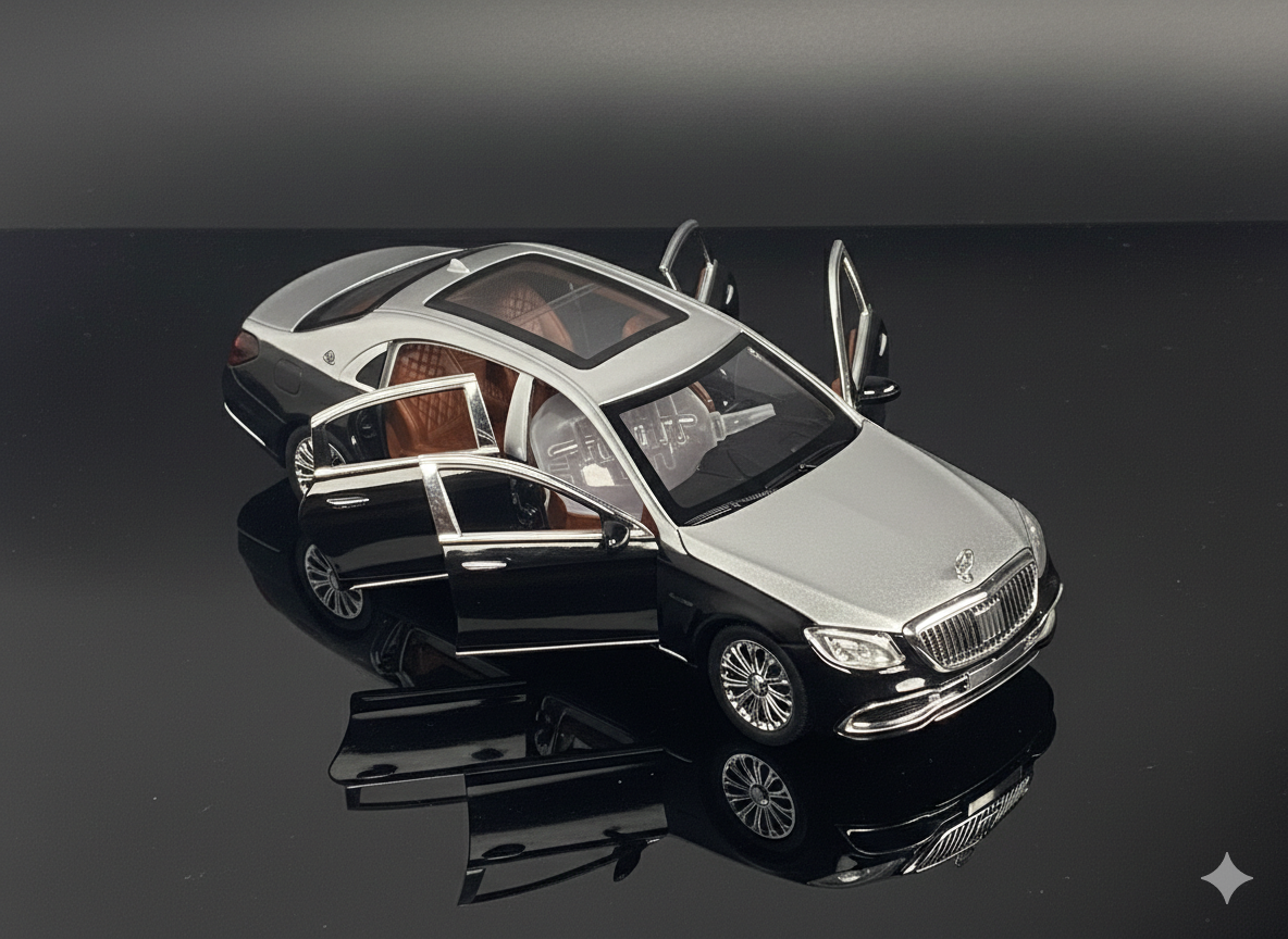 Mercedes-Maybach S-Class Luxury Diecast Sedan Model Car with Openable Doors & Panoramic Roof – Two-Tone Silver & Black