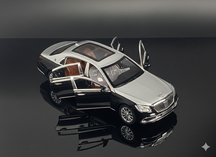 Mercedes-Maybach S-Class Luxury Diecast Sedan Model Car with Openable Doors & Panoramic Roof – Two-Tone Silver & Black