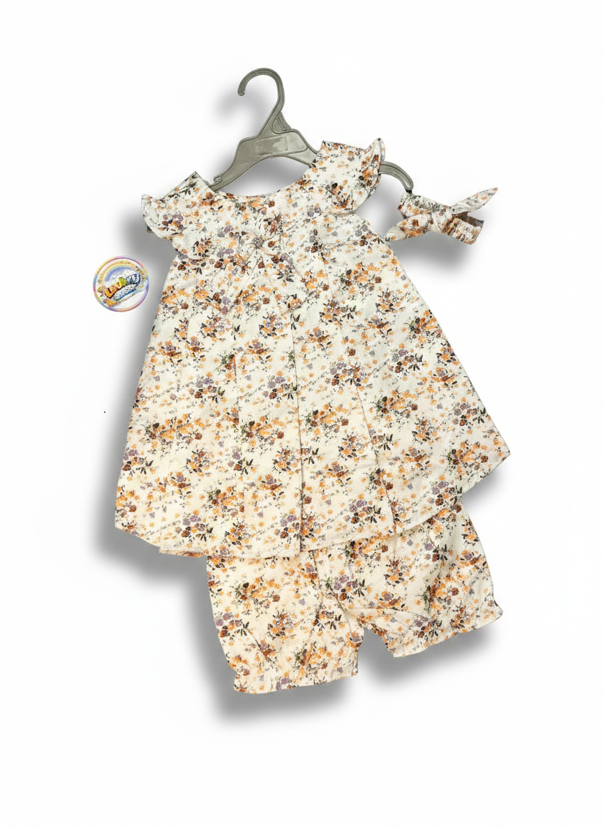 Baby Girls Floral 3 Piece Outfit Set – Top, Shorts & Matching Headband