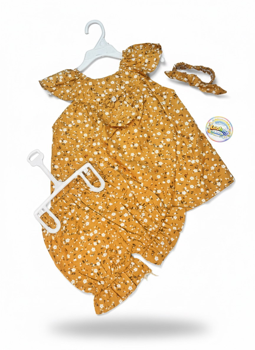 Baby Girls Floral 3 Piece Outfit Set – Top, Shorts & Matching Headband