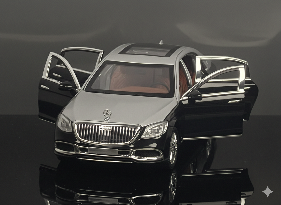 Mercedes-Maybach S-Class Luxury Diecast Sedan Model Car with Openable Doors & Panoramic Roof – Two-Tone Silver & Black