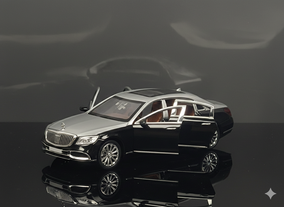 Mercedes-Maybach S-Class Luxury Diecast Sedan Model Car with Openable Doors & Panoramic Roof – Two-Tone Silver & Black