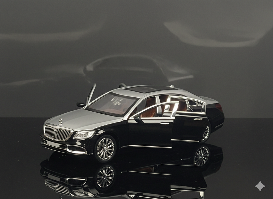 Mercedes-Maybach S-Class Luxury Diecast Sedan Model Car with Openable Doors & Panoramic Roof – Two-Tone Silver & Black