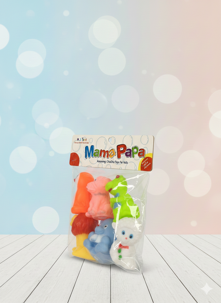 Mama Papa Soft Rubber Bath Toy Set for Kids – 6 Piece Animal & Character Squeeze Toys Pack