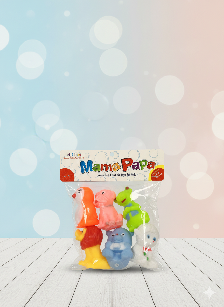 Mama Papa Soft Rubber Bath Toy Set for Kids – 6 Piece Animal & Character Squeeze Toys Pack