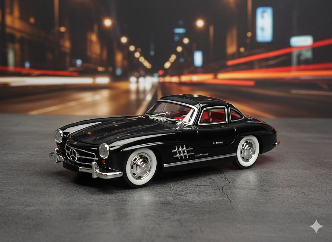 Mercedes-Benz 300SL Classic Black Die-Cast Model Car – Sound & Light Pull Back Series (1:24 Scale)
