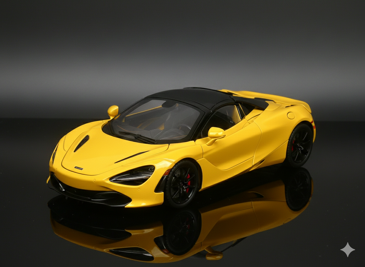 McLaren 720S Yellow Die-Cast Model Car – Sound & Light Pull Back Toy (1:24 Scale)