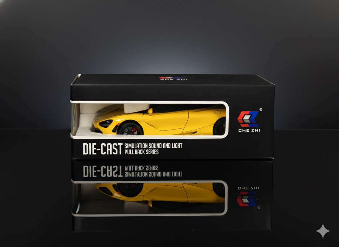 McLaren 720S Yellow Die-Cast Model Car – Sound & Light Pull Back Toy (1:24 Scale)