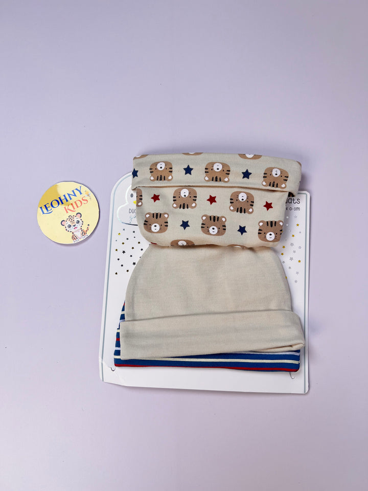 Newborn 3-Piece "Tiger & Stars" Beanie Hat Set (0–3 Months)