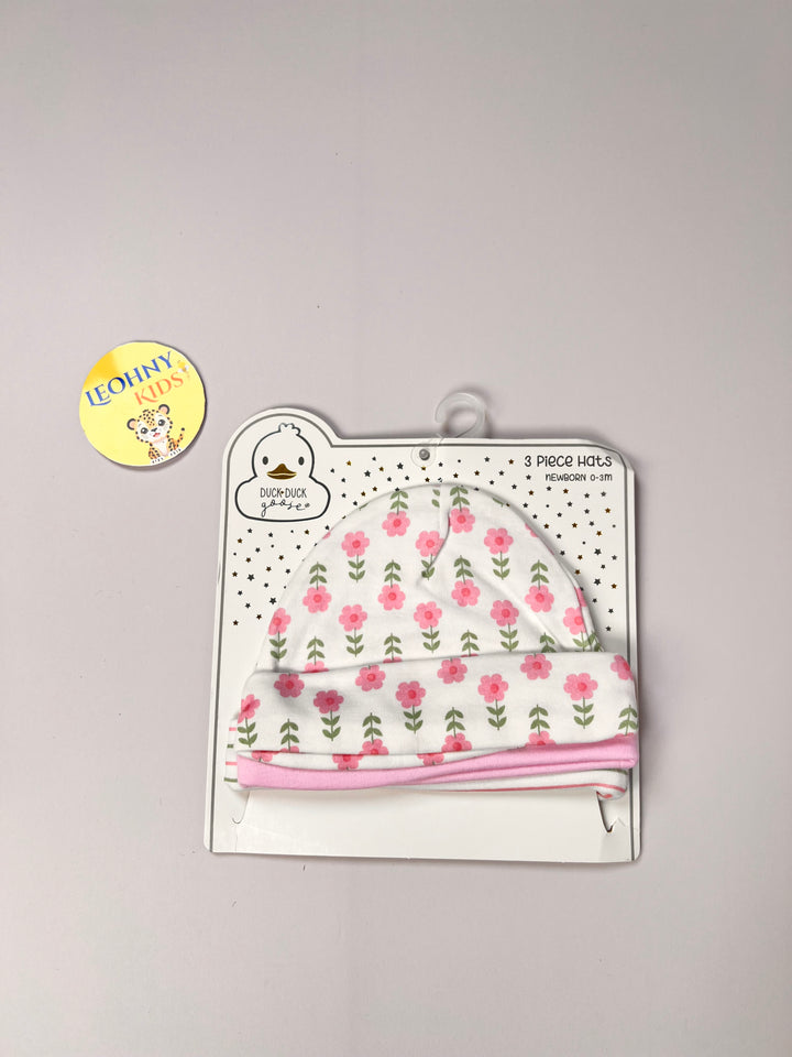 Newborn 3-Piece Floral & Solid Beanie Hat Set (0–3 Months)