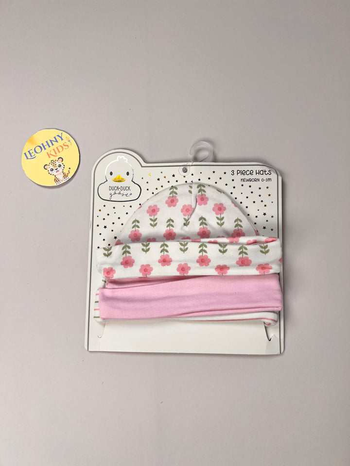 Newborn 3-Piece Floral & Solid Beanie Hat Set (0–3 Months)