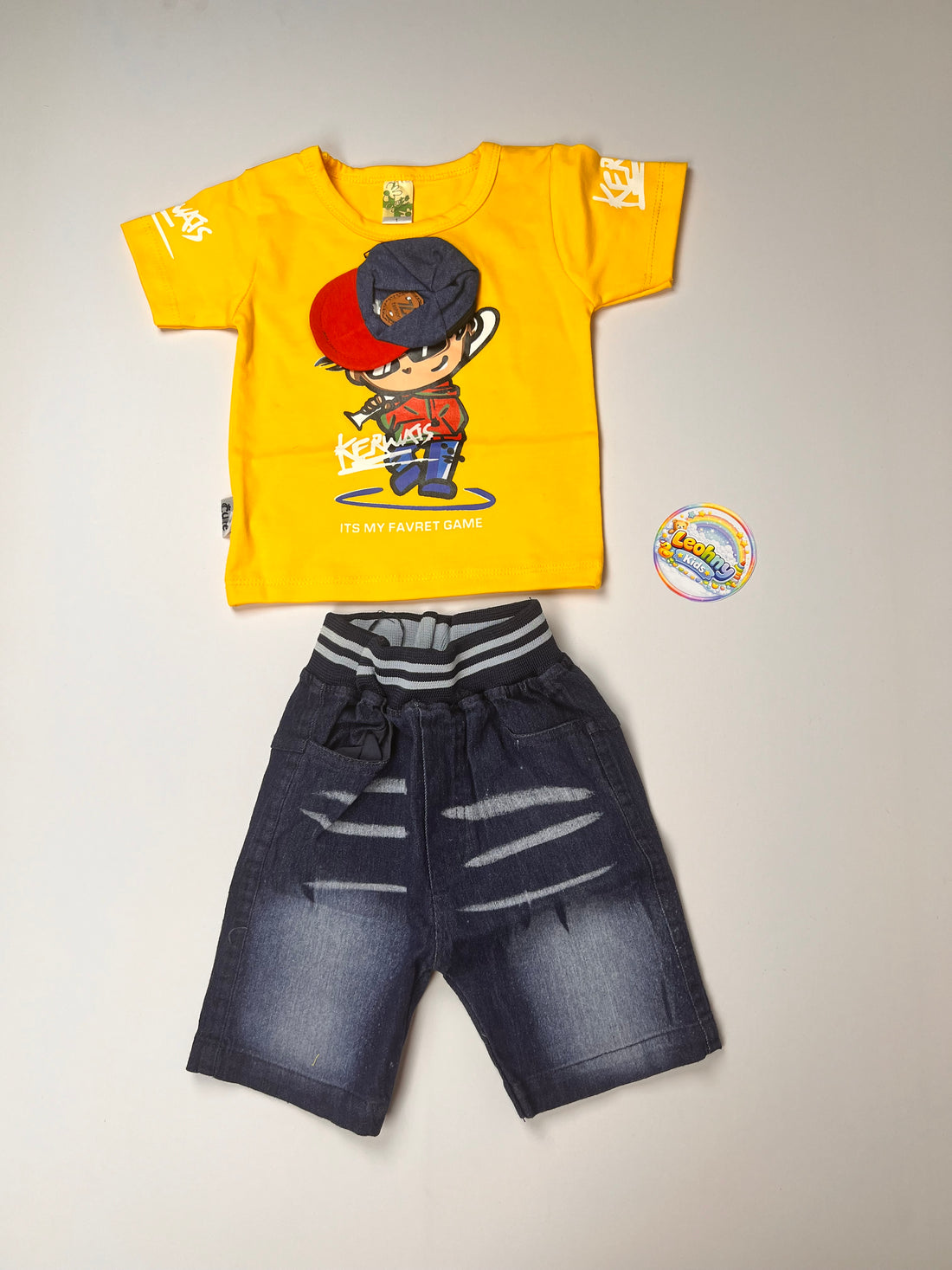 Boys 2-Piece "Favret Game" Graphic Tee & Distressed Denim Shorts Set