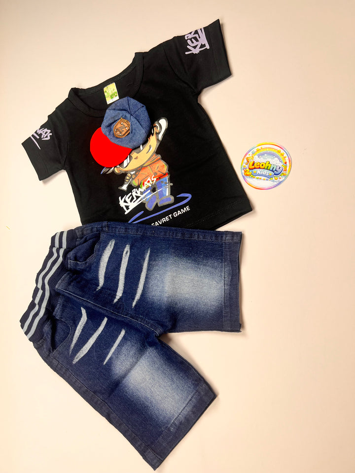 Boys 2-Piece "Favret Game" Graphic Tee & Distressed Denim Shorts Set