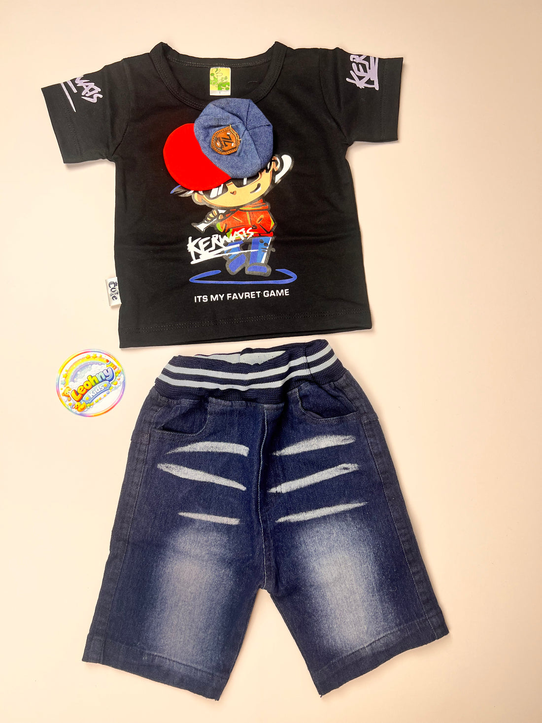 Boys 2-Piece "Favret Game" Graphic Tee & Distressed Denim Shorts Set
