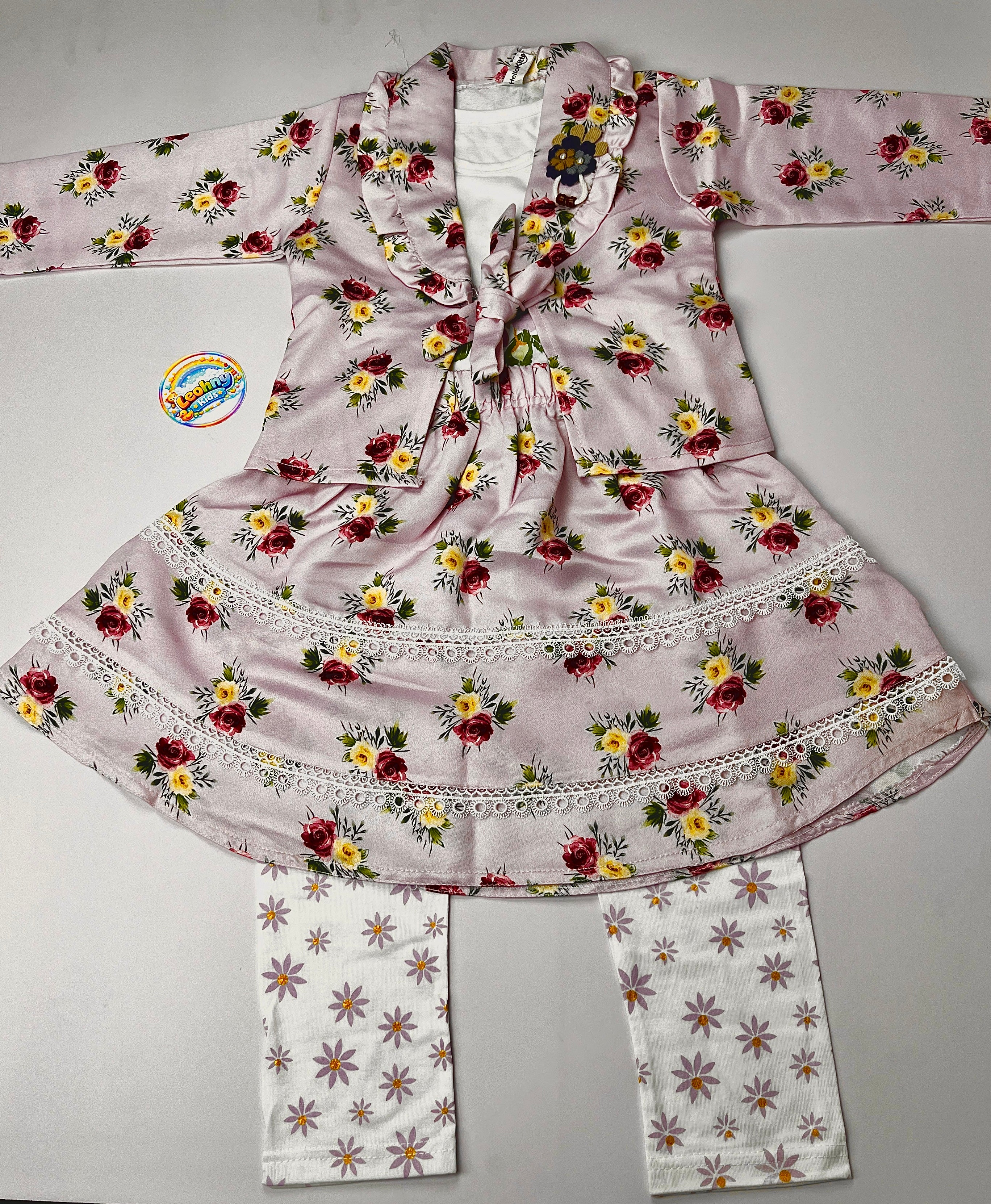 Girls 3-Piece Floral Silk Skirt Set with Inner Vest & Jacket – Lavender