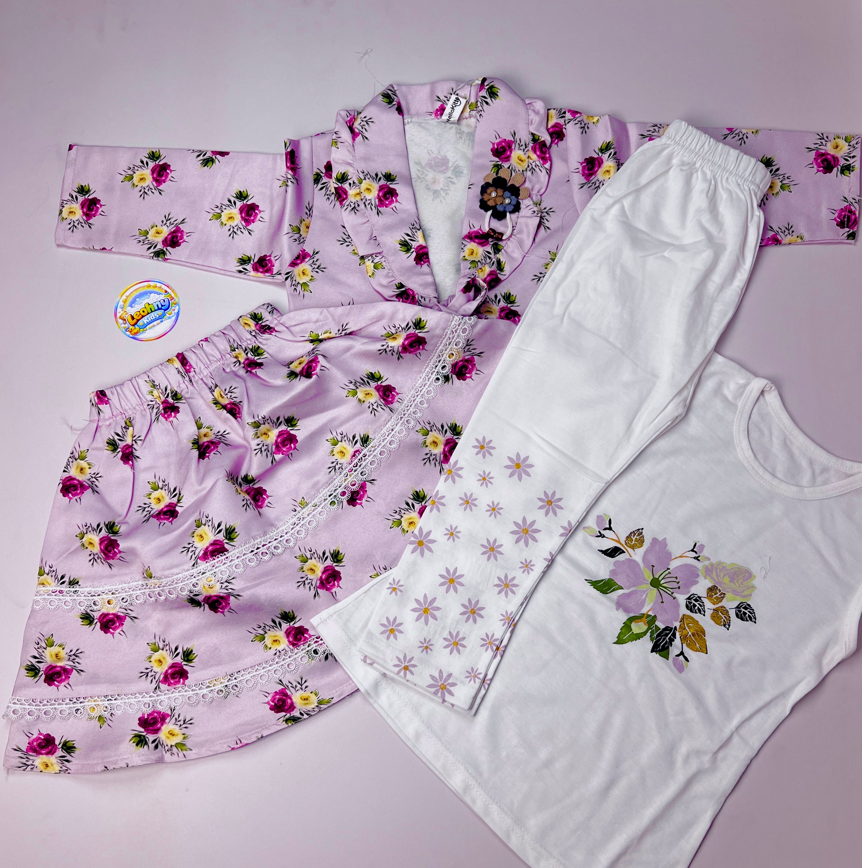 Girls 3-Piece Floral Silk Skirt Set with Inner Vest & Jacket – Lavender