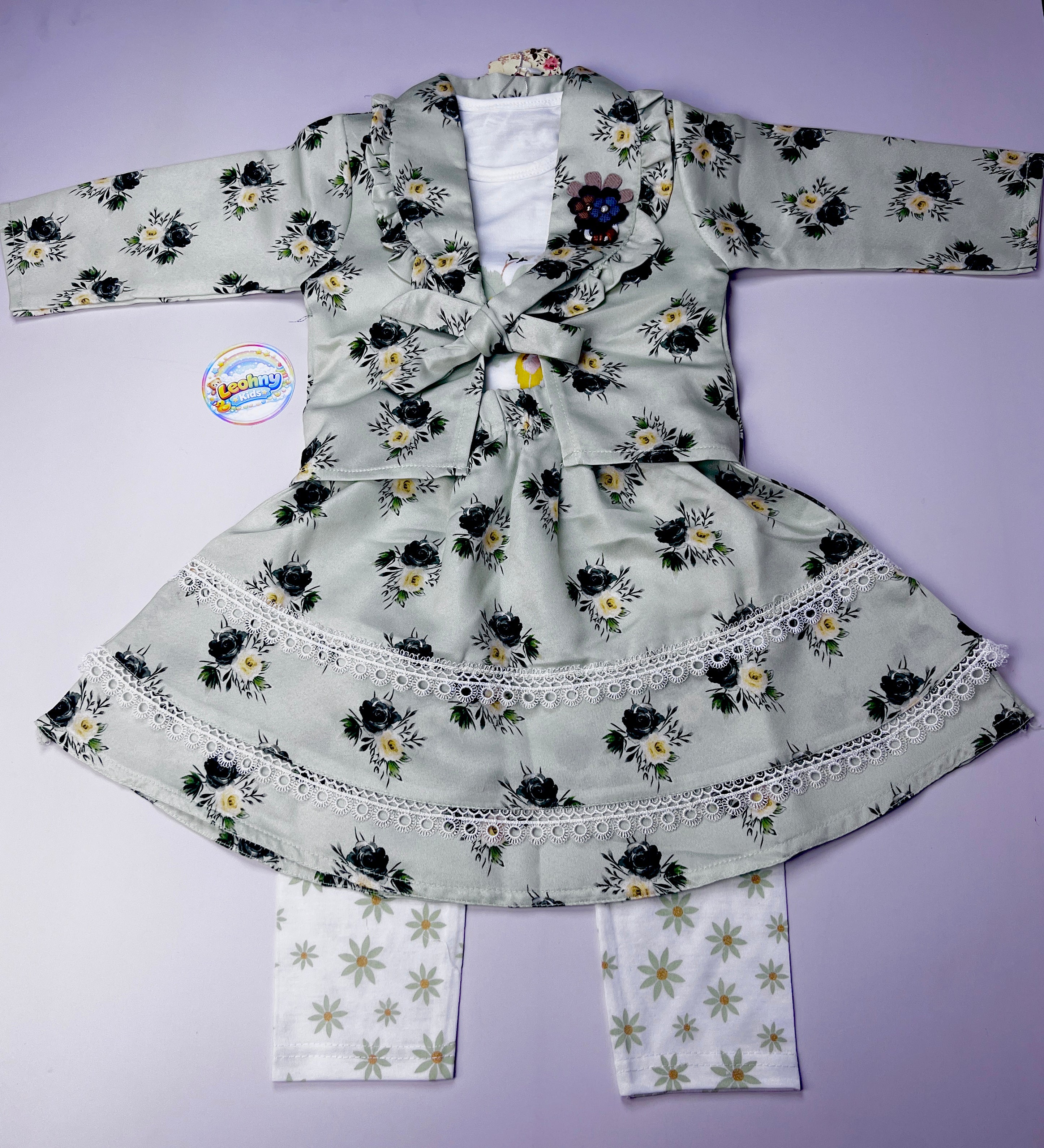 Girls 3-Piece Floral Silk Skirt Set with Inner Vest & Jacket – Lavender