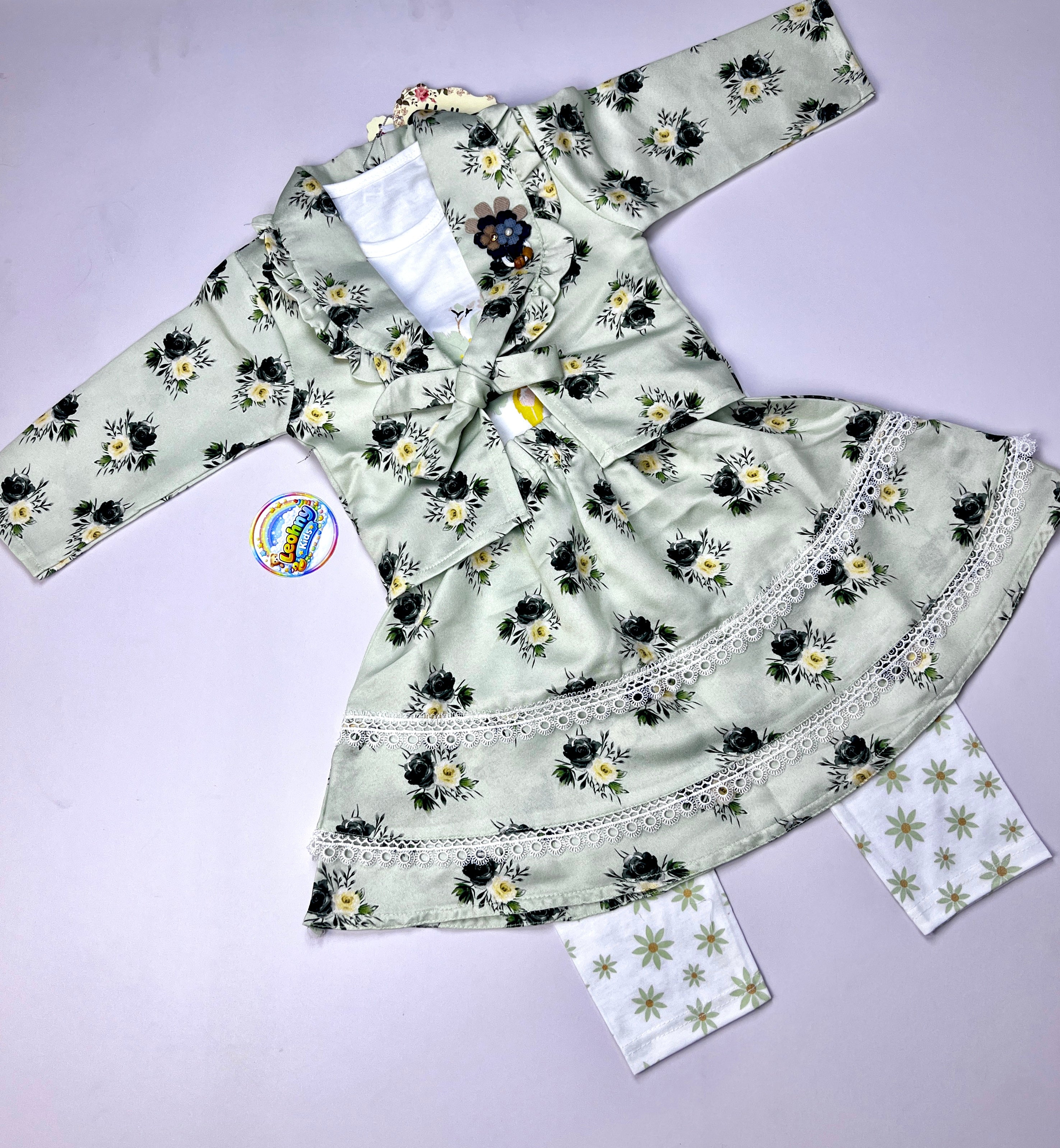 Girls 3-Piece Floral Silk Skirt Set with Inner Vest & Jacket – Lavender