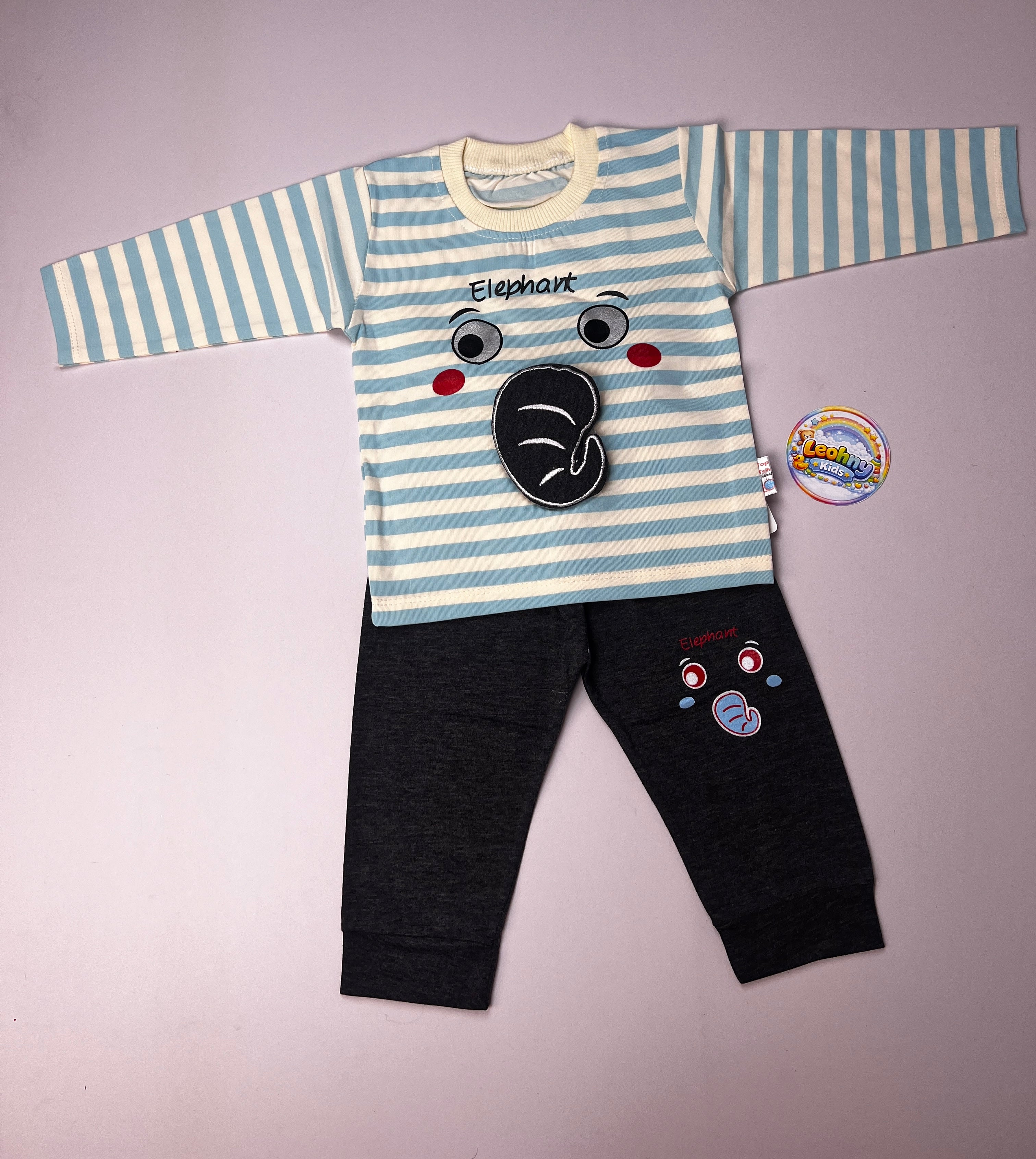 Boys 2-Piece Elephant Print Outfit – Orange Striped Shirt with Black Trouser