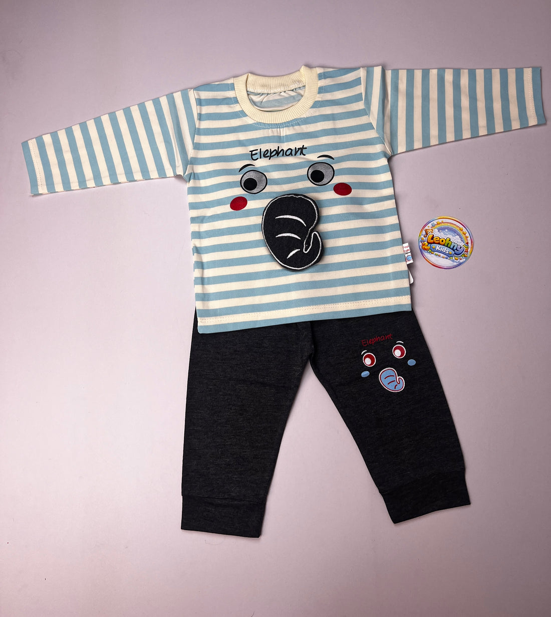 Boys 2-Piece Elephant Print Outfit – Orange Striped Shirt with Black Trouser
