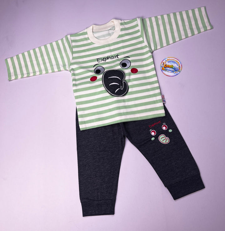 Boys 2-Piece Elephant Print Outfit – Orange Striped Shirt with Black Trouser