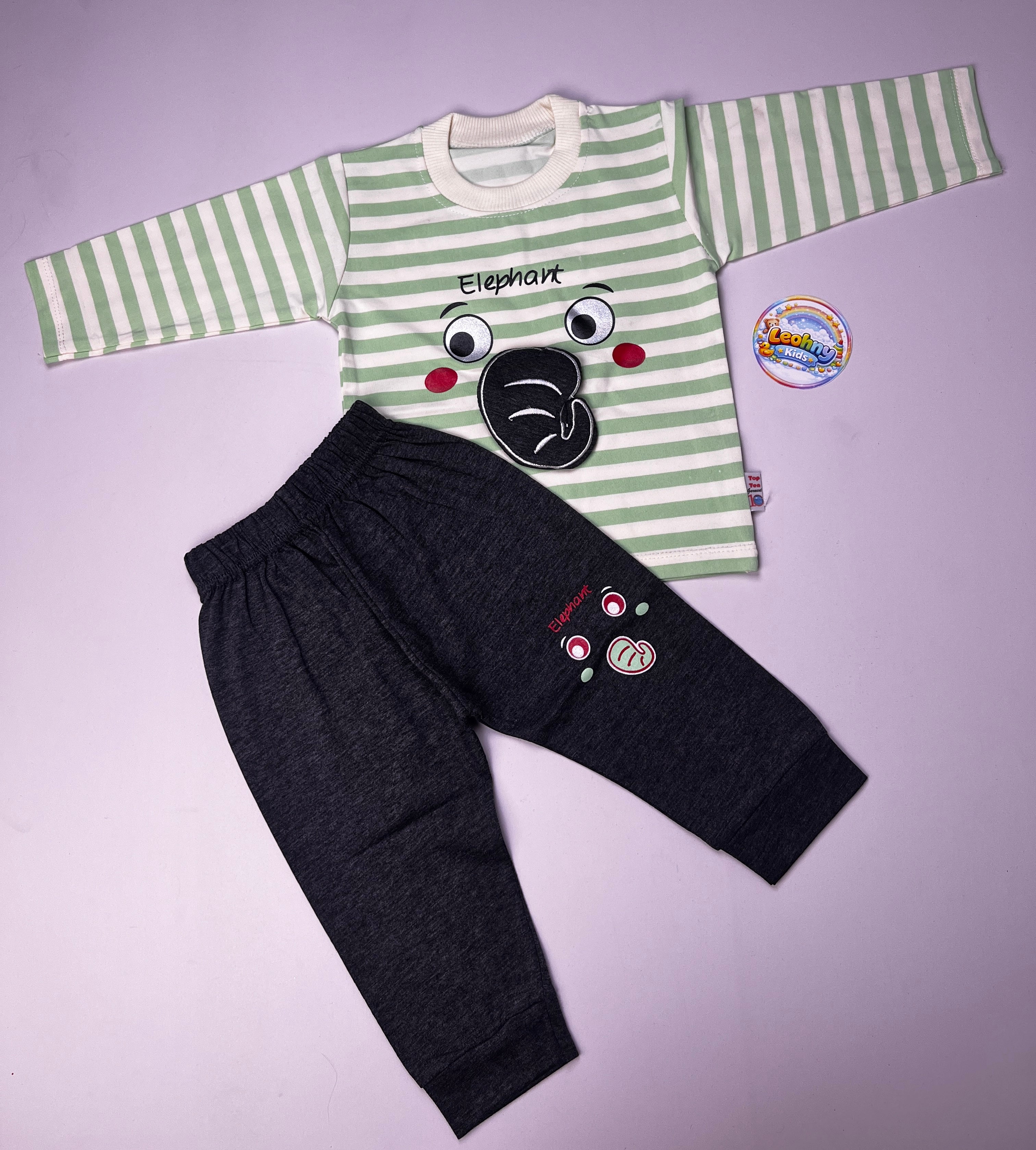 Boys 2-Piece Elephant Print Outfit – Orange Striped Shirt with Black Trouser