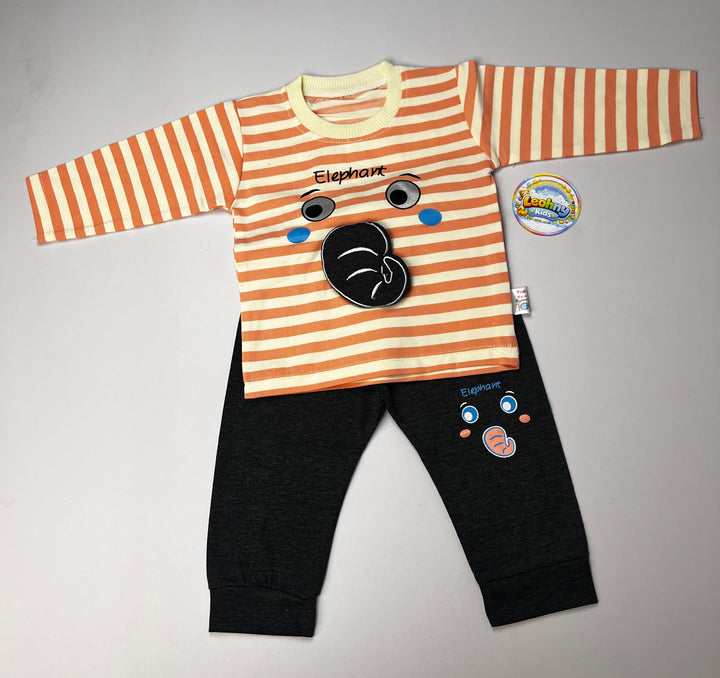 Boys 2-Piece Elephant Print Outfit – Orange Striped Shirt with Black Trouser