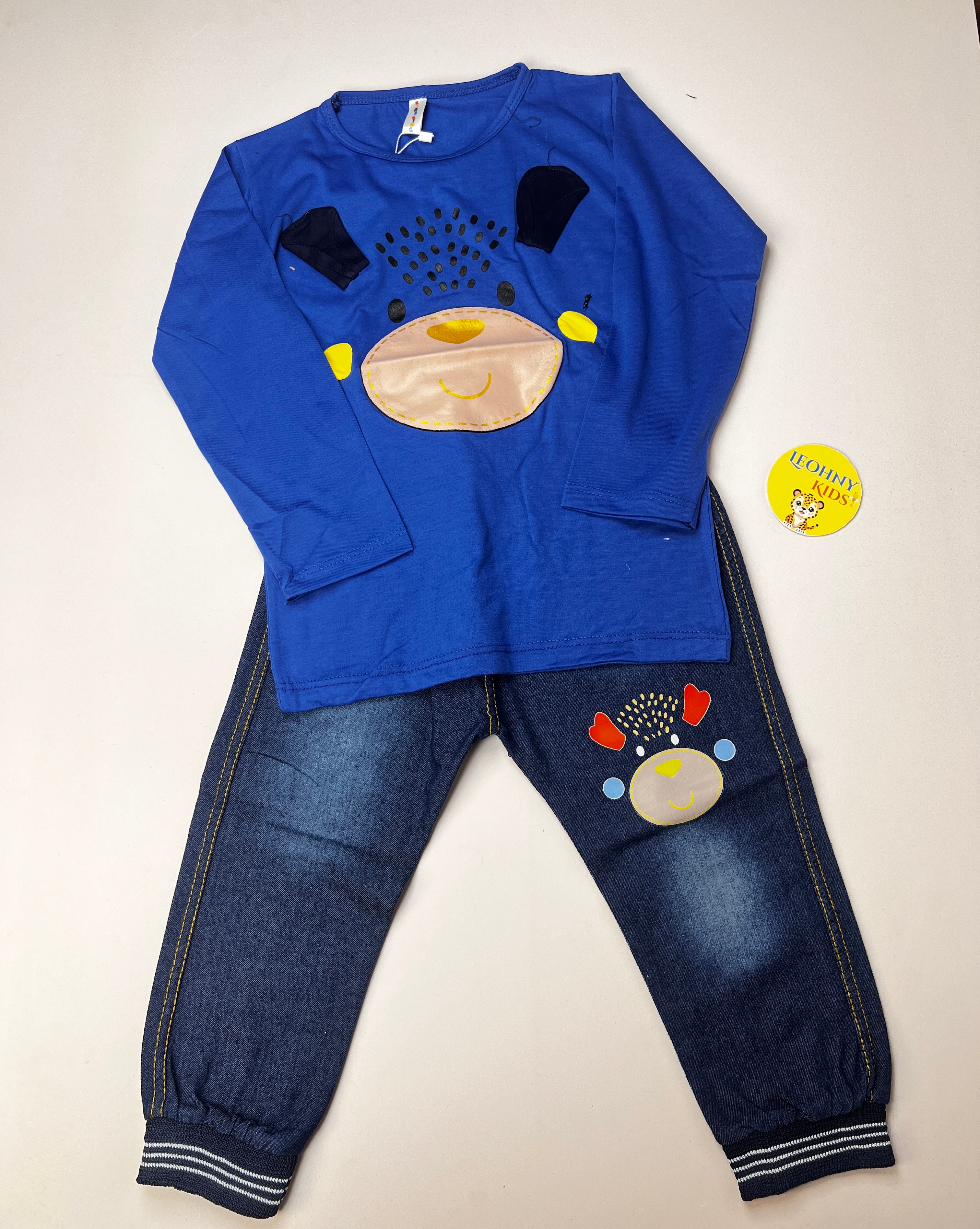 Boys 2 Pcs "Happy Bear" Suit with Denim-Style Joggers (Full Sleeves)