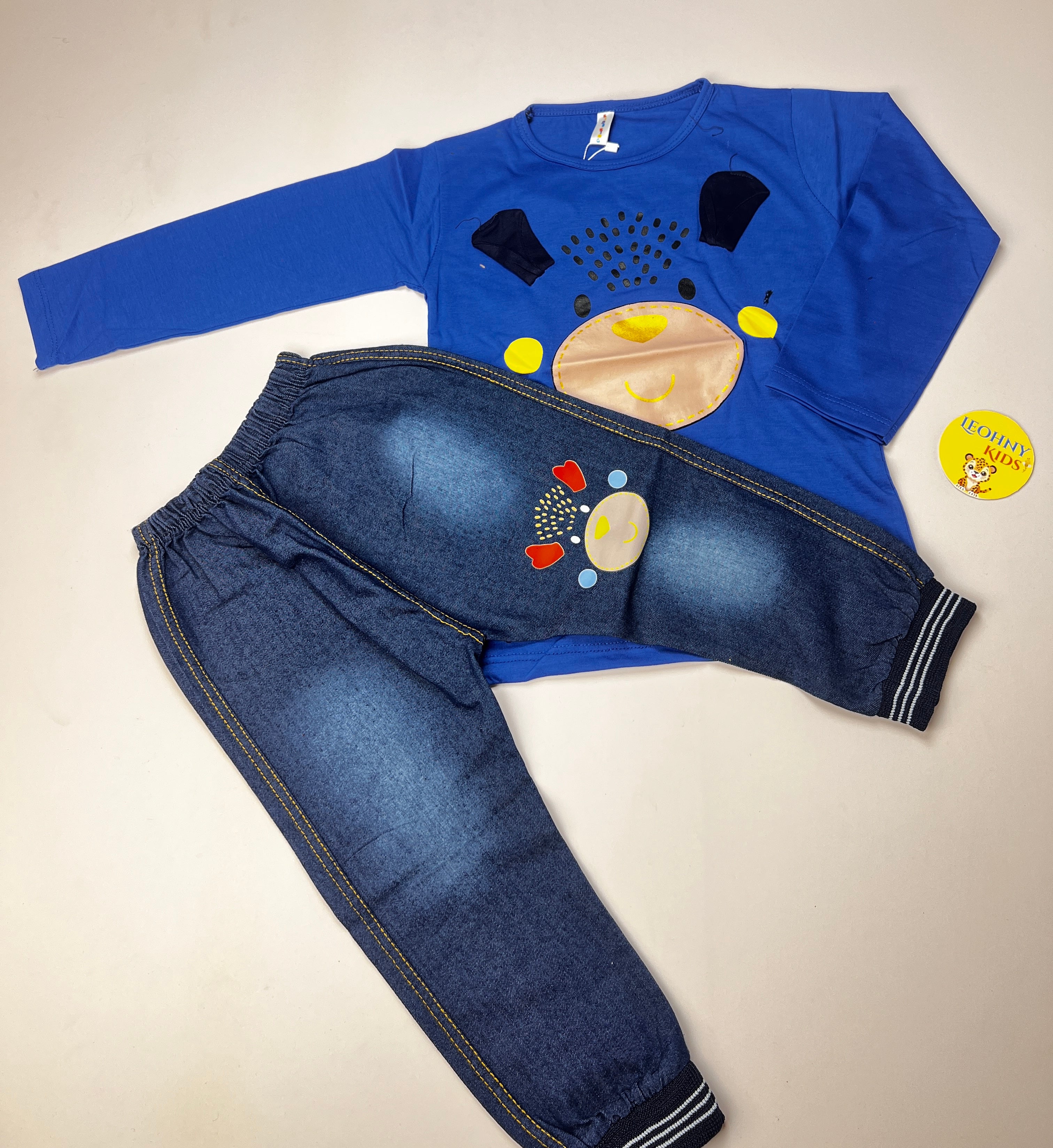 Boys 2 Pcs "Happy Bear" Suit with Denim-Style Joggers (Full Sleeves)