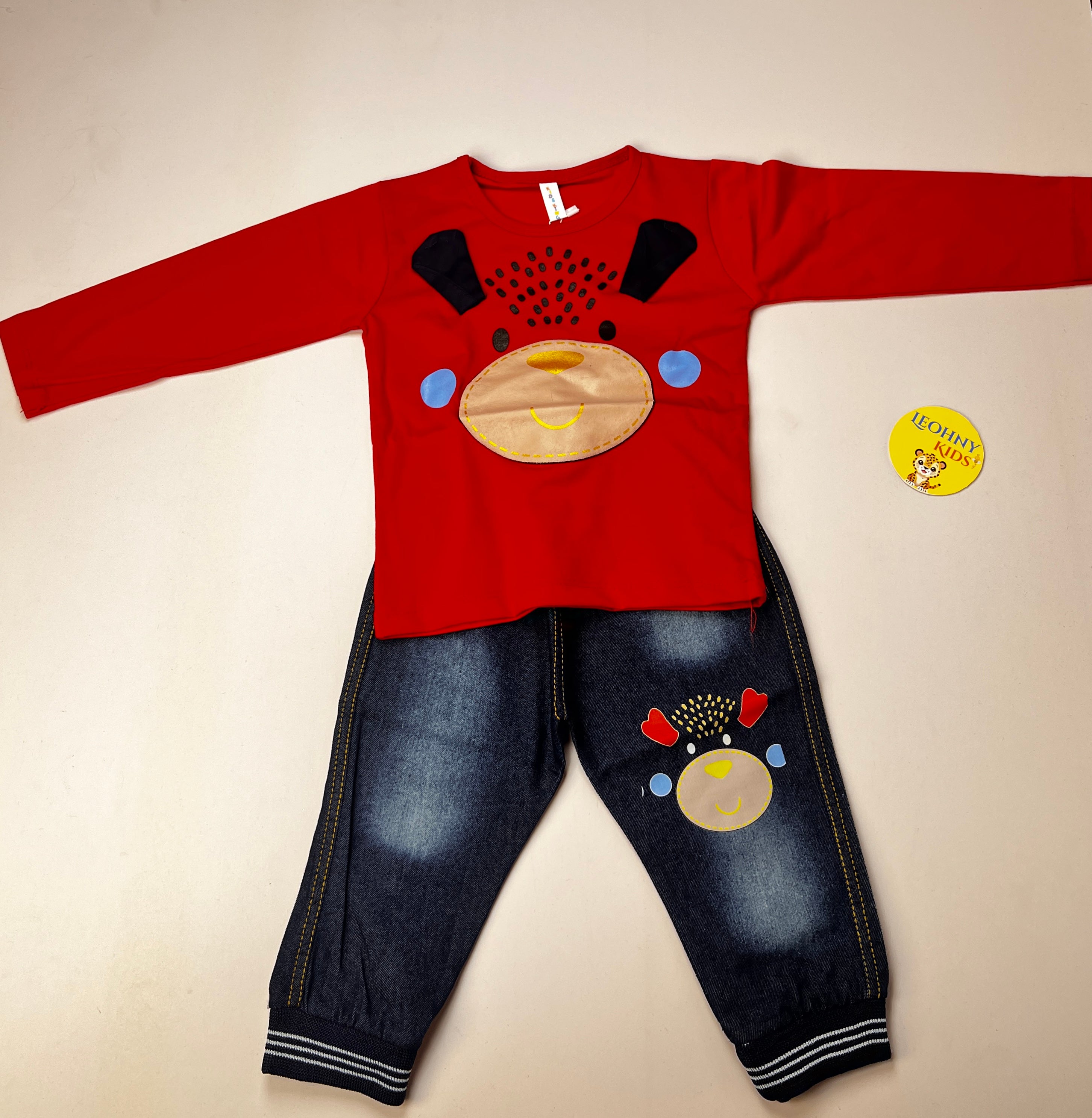 Boys 2 Pcs "Happy Bear" Suit with Denim-Style Joggers (Full Sleeves)