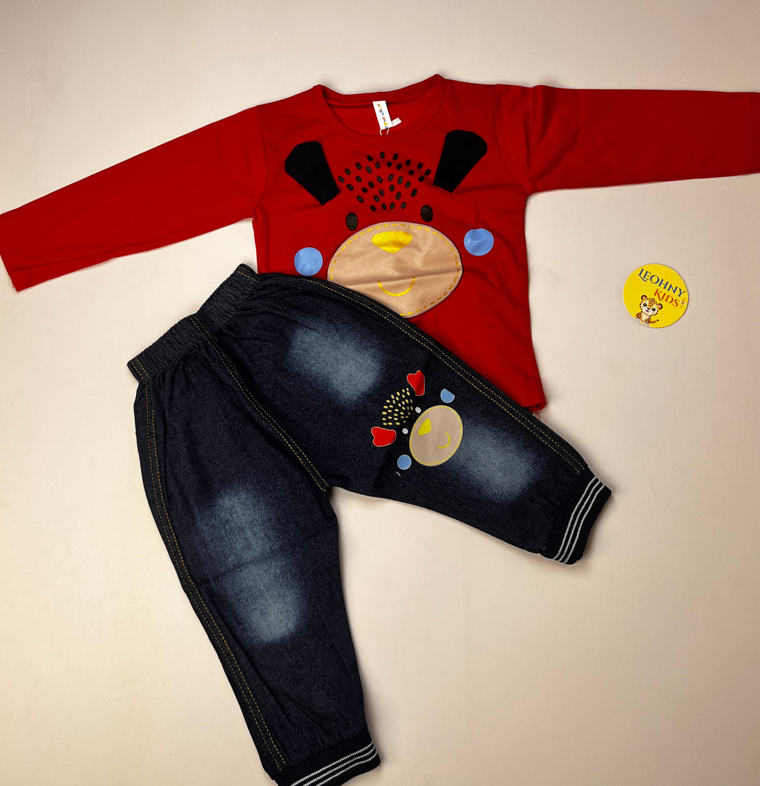Boys 2 Pcs "Happy Bear" Suit with Denim-Style Joggers (Full Sleeves)