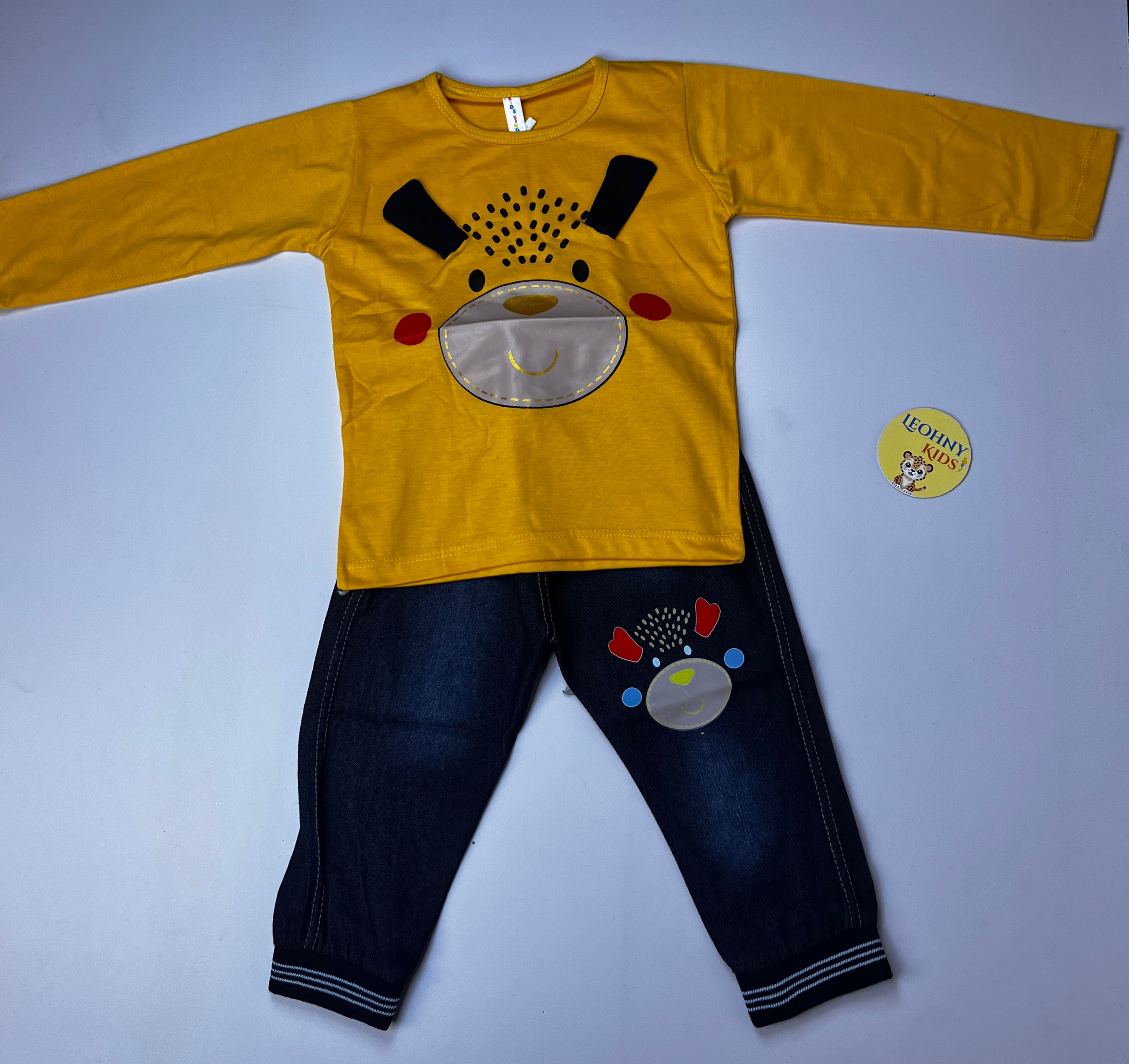 Boys 2 Pcs "Happy Bear" Suit with Denim-Style Joggers (Full Sleeves)