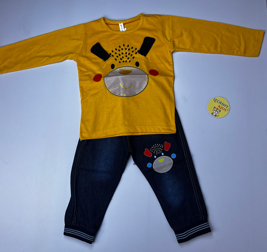 Boys 2 Pcs "Happy Bear" Suit with Denim-Style Joggers (Full Sleeves)