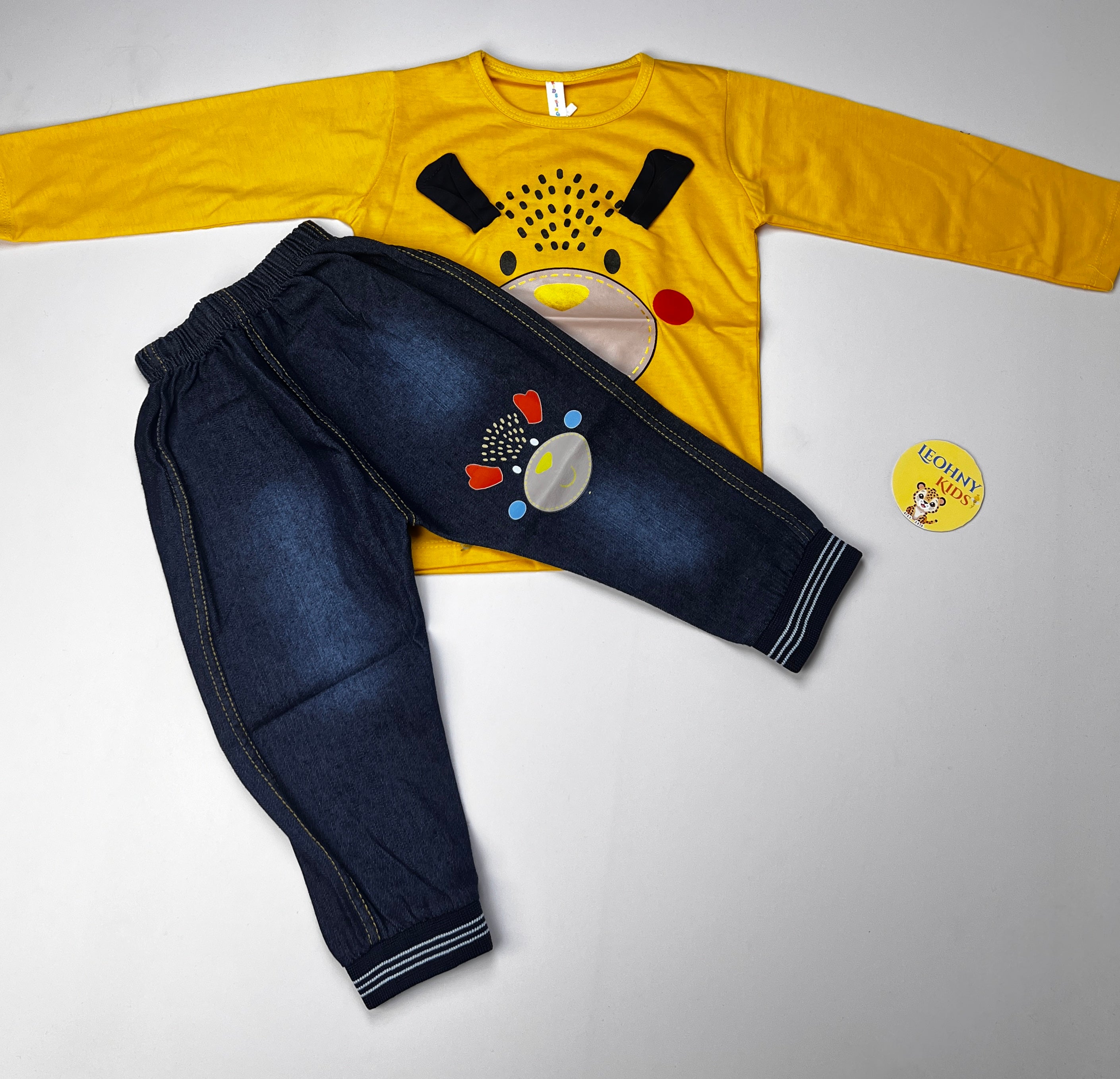Boys 2 Pcs "Happy Bear" Suit with Denim-Style Joggers (Full Sleeves)