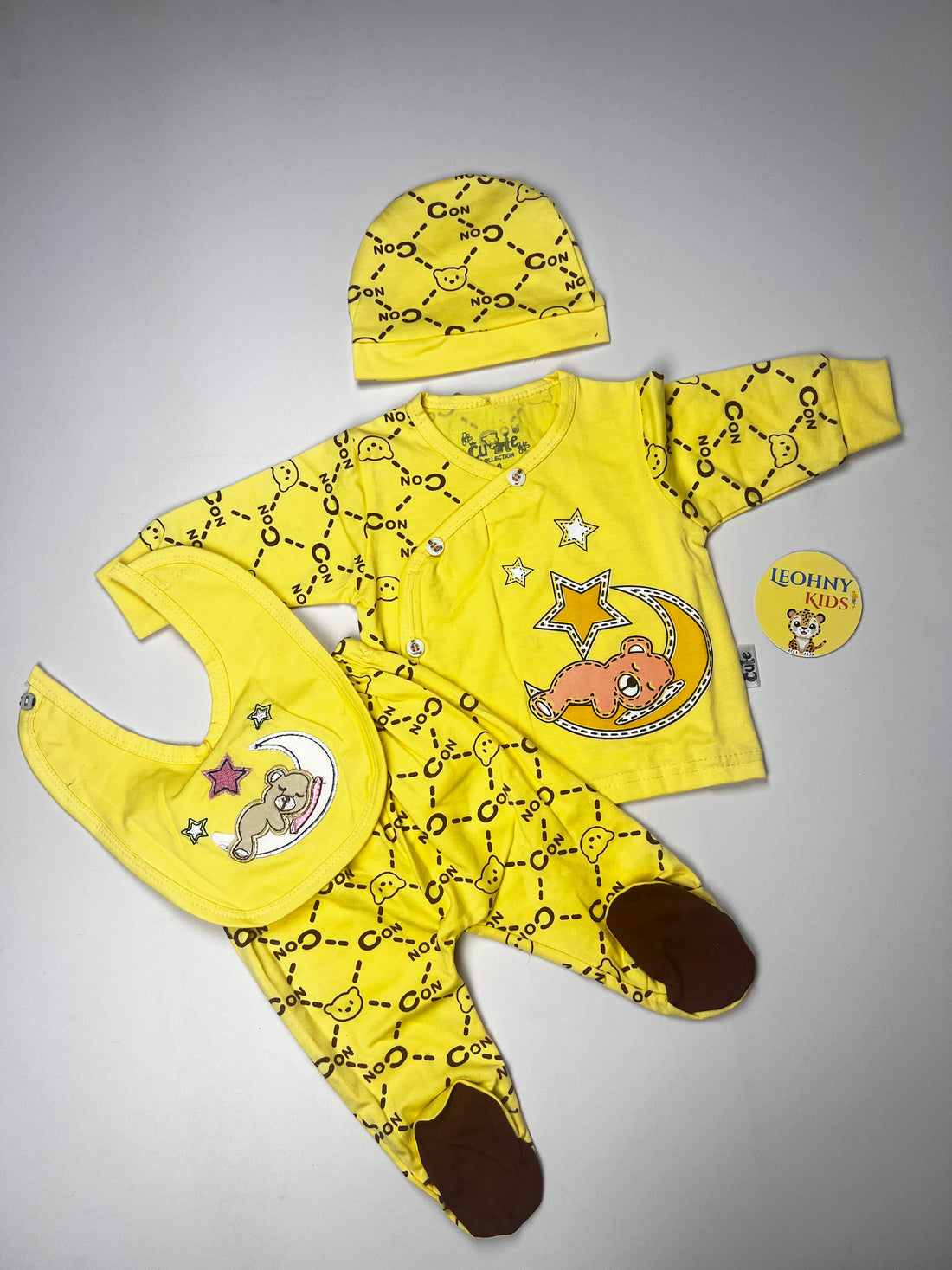 Baby 3-Piece "Sleepy Bear" Newborn Set with Bib & Cap (Full Sleeves)