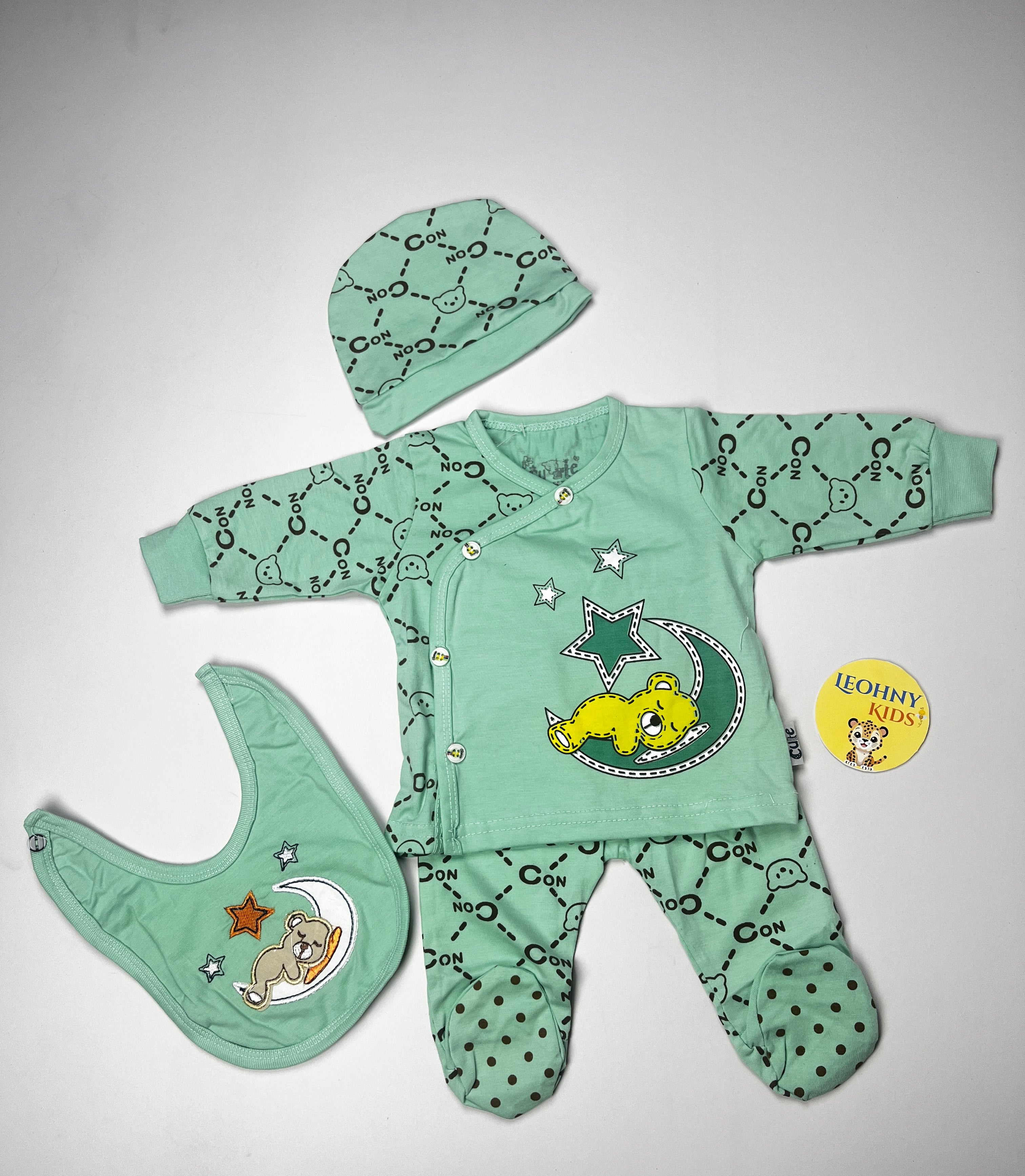 Baby 3-Piece "Sleepy Bear" Newborn Set with Bib & Cap (Full Sleeves)