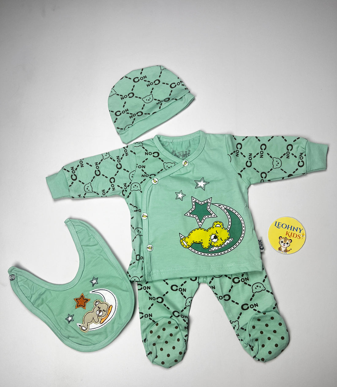 Baby 3-Piece "Sleepy Bear" Newborn Set with Bib & Cap (Full Sleeves)
