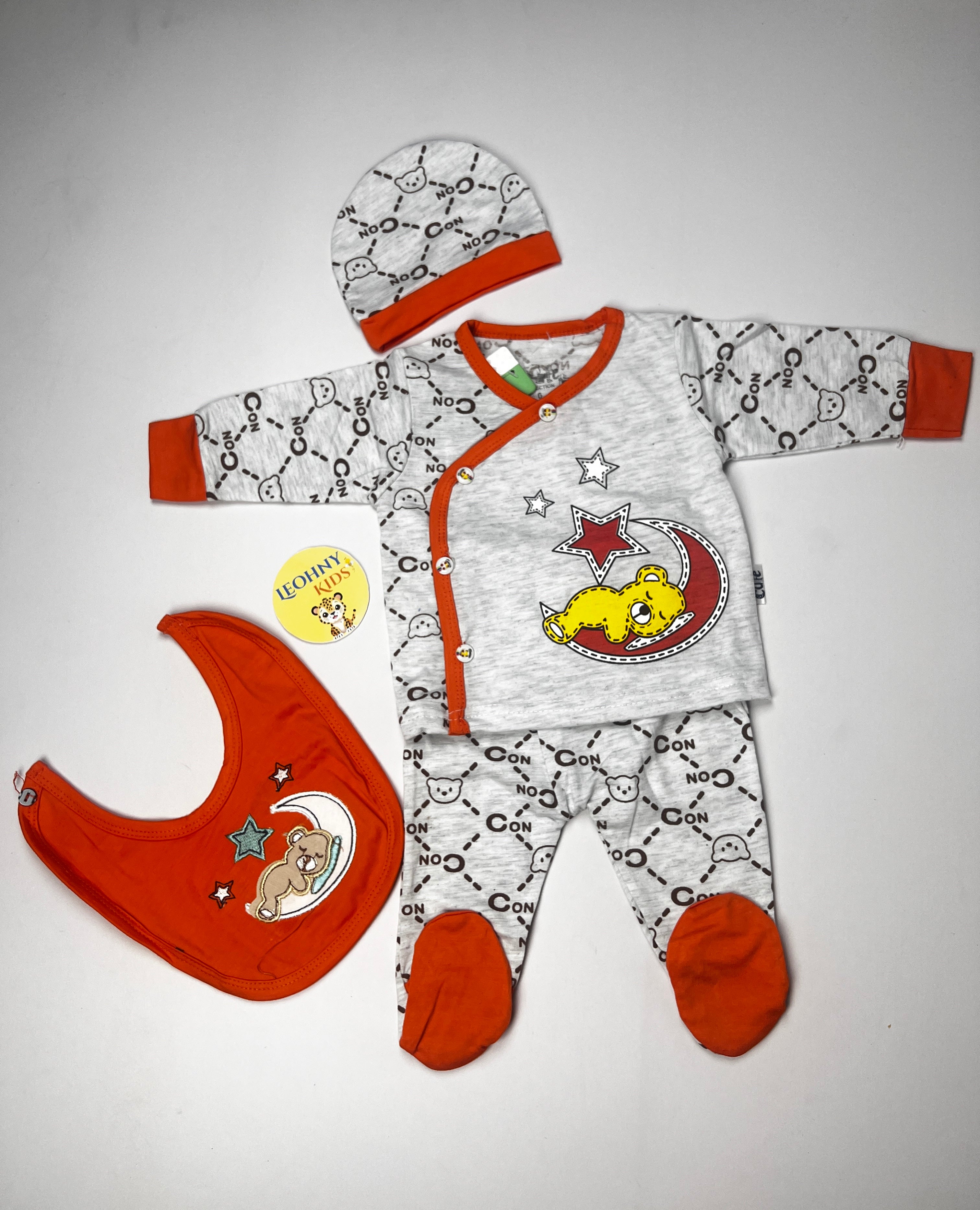 Baby 3-Piece "Sleepy Bear" Newborn Set with Bib & Cap (Full Sleeves)