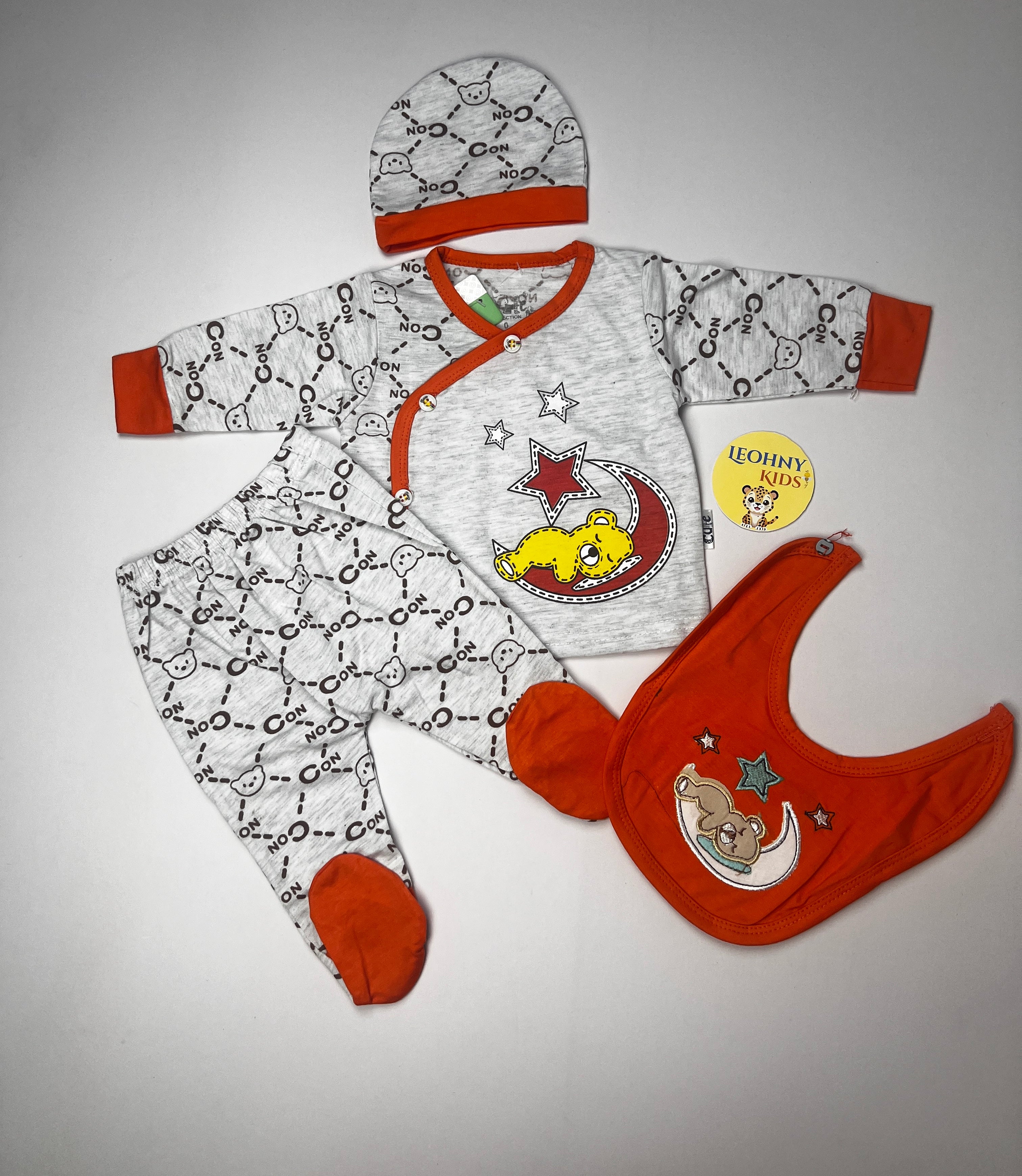Baby 3-Piece "Sleepy Bear" Newborn Set with Bib & Cap (Full Sleeves)