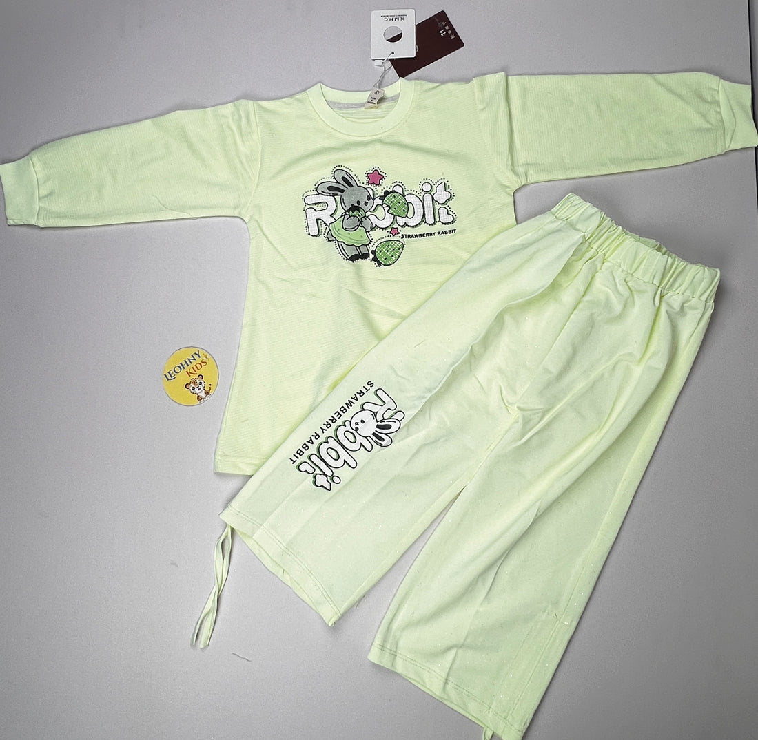 Girls 2 Pcs "The Bunny" Sequin Slub Suit – Cream/Yellow (Full Sleeves)